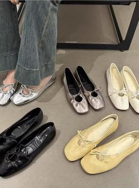 GUOLI韩国设计师款~方头蝴蝶结浅口平底单鞋温柔奶黄色软底瓢鞋女