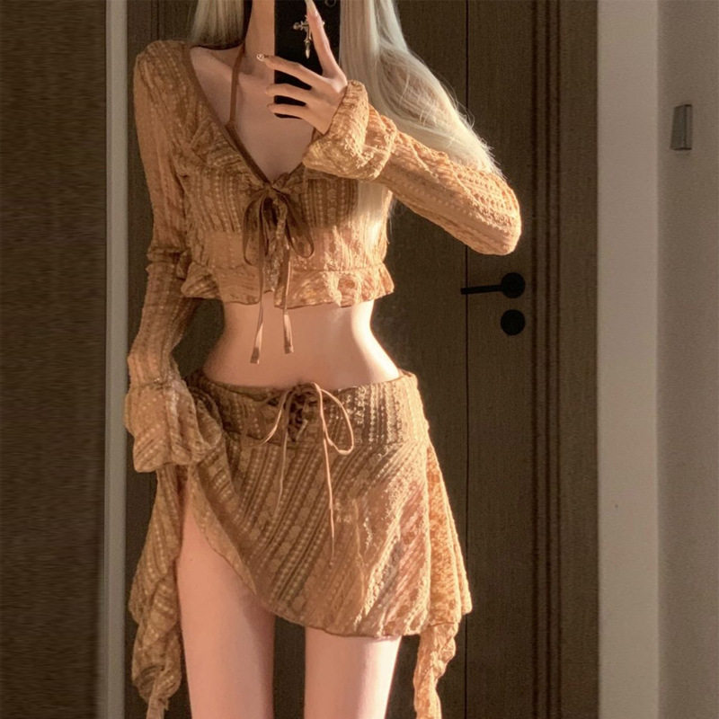 mosricci裙式分体泳衣带胸垫四件套女蕾丝性感保守遮肉防晒比基尼