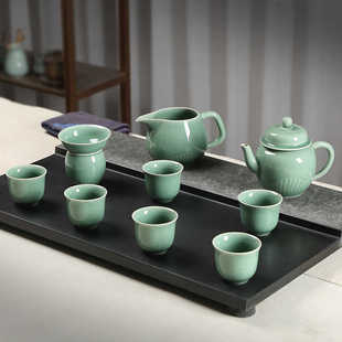 高端龙泉青瓷弟窑梅子青手工刻花功夫茶具整套家用客厅泡茶器礼品