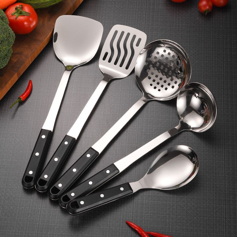 厨房厨具三钉黑家用炒菜铲子 不锈钢粥勺漏勺漏铲
