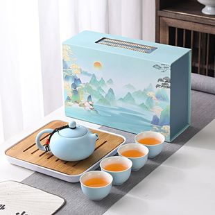 送人订制伴手礼送礼 家用简约色釉功夫茶具礼品定制印logo礼盒套装