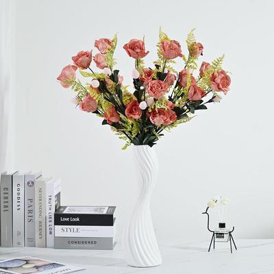 欧式泡沫玫瑰花把束 婚庆布置插花家居摆件拍照仿真3头PE玫瑰花枝