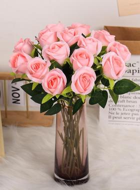 仿真雪山玫瑰花单支红色人造花 婚庆家居情人节装饰手感花束假花