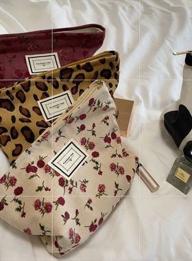 19302 灯芯绒复古豹纹化妆包口红零钱便携手拿包随身洗漱收纳袋女