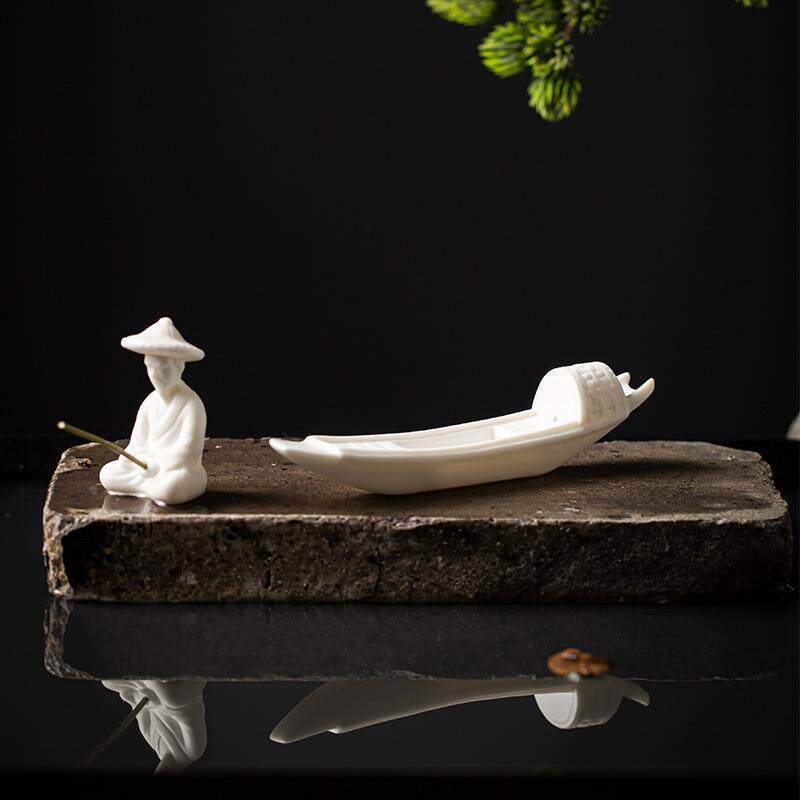 陶瓷小船摆件古代渔船微景观造景摆设桌面假山流水鱼缸盆景装饰品