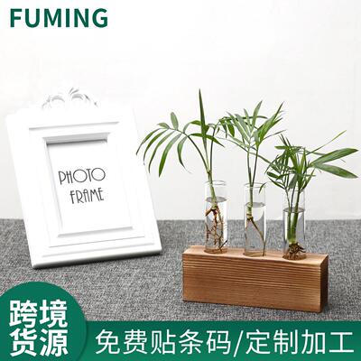 玻璃水培试管插花器复古透明桌面小花瓶木艺水养绿萝植物花盆摆件