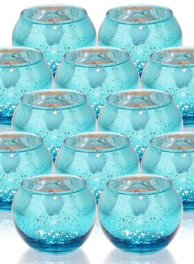 简约现代蓝色斑点玻璃小圆球烛台12件盒装饰摆设DIY香薫蜡烛空杯