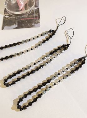 复古黑色透灰手机链条珠珠挂饰ccd挂链通用手机壳diy手机挂绳便捷