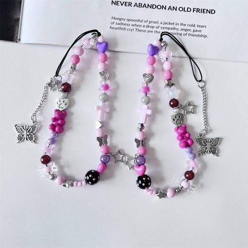 星星蝴蝶吊坠手绘珠子ccd挂绳diy串珠甜酷风黑粉配色手机壳手绳