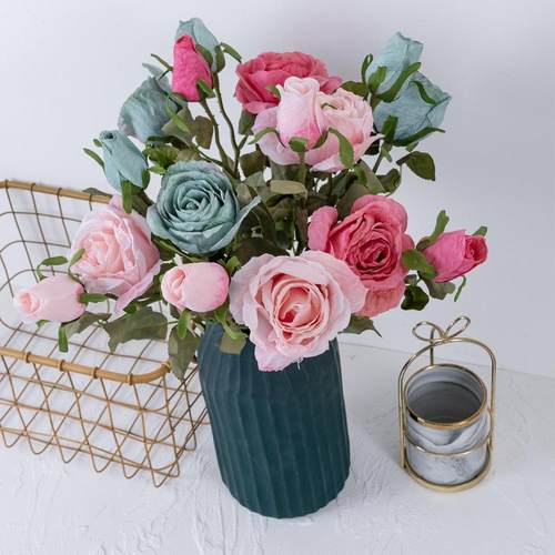 INS干烧单枝玫瑰装饰品厂家绿植物仿真花假花婚庆跨境YC1029定制