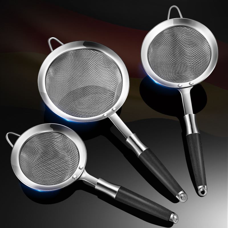 德式不锈钢滤网勺厨房黑彩木细网勺加厚木柄打沫勺加长网筛勺