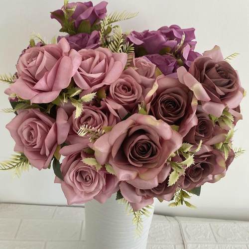 绢布梅沐9头幸运玫仿真假花 婚庆客厅卧室茶几人造花摆件玫瑰花束