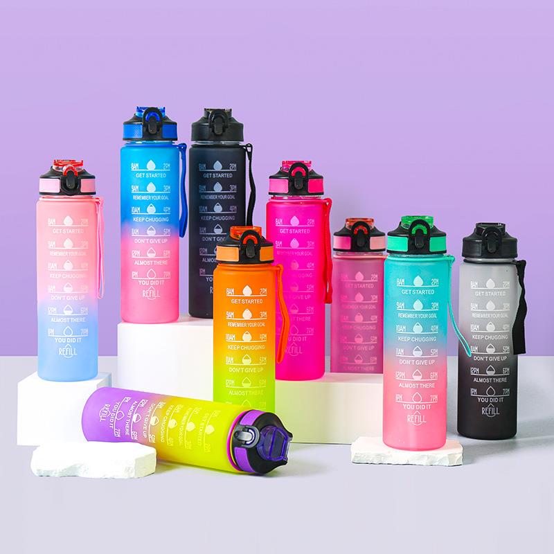 大容量1000ML运动水壶塑料水杯弹跳盖便携健身水杯渐变锁扣礼品定