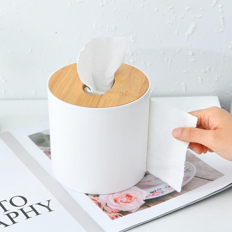 竹木盖纸巾盒圆筒形创意双抽卷纸纸巾盒办公室卧室家用桌面抽纸盒