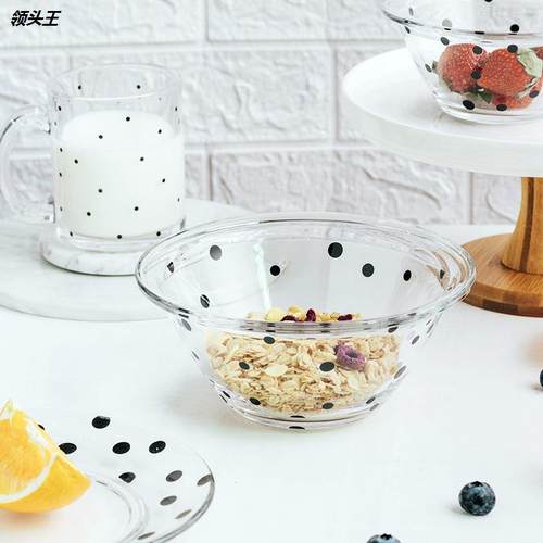 小清新波点系列玻璃餐具套装ins风碗盘杯子燕麦碗早餐杯麦片碗