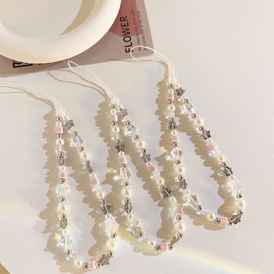 日韩ins粉色星星混搭珠珠链创意挂饰手提链通用手机壳ccd相机挂绳