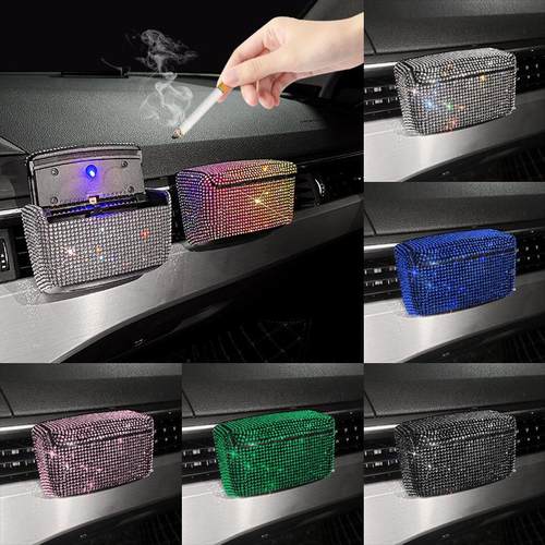 镶钻汽车车载烟灰缸创意有盖出风口悬挂式车内带盖LED灯车用烟缸