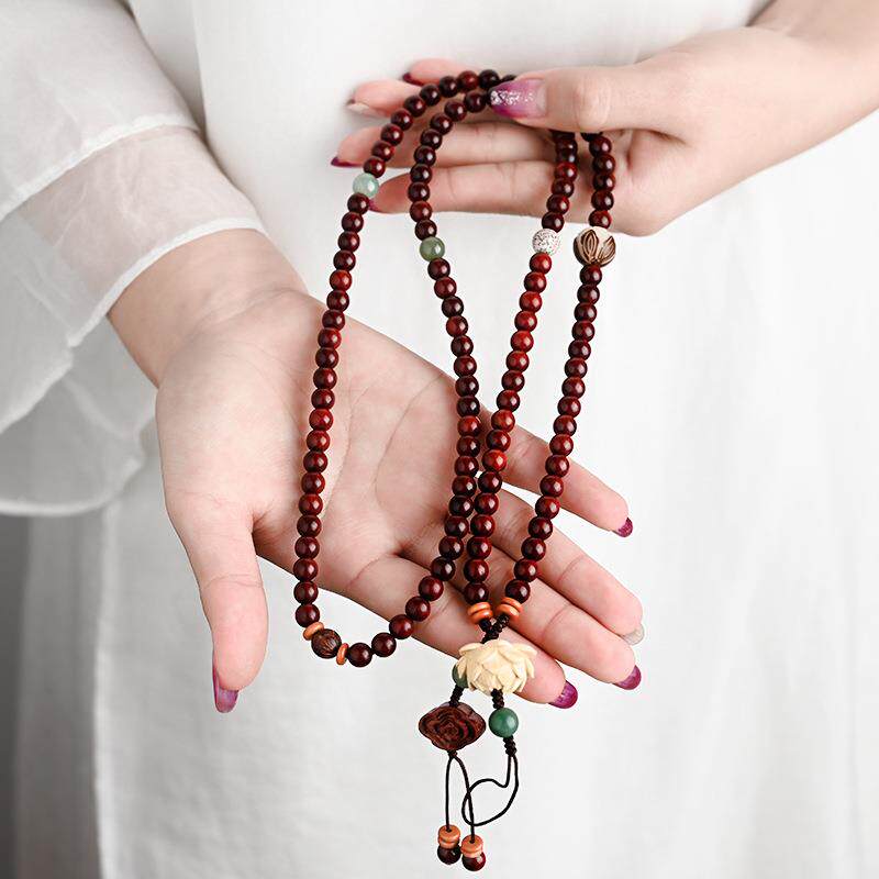 创意中国风木质小叶紫檀长款挂脖莲花手机挂绳挂链复古文艺饰品女