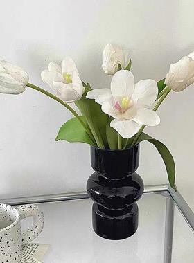 简约黑色花瓶摆件景德镇桌面装饰禅意干花花束客厅中式插花复古定