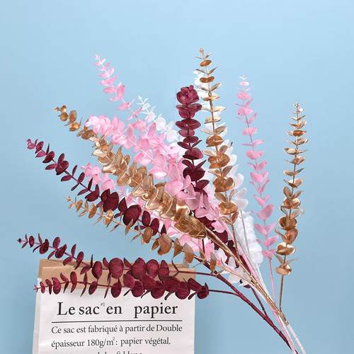 5叉软胶尤加利金钱叶 北欧婚庆婚礼堂装饰插花塑料假花仿真花定制