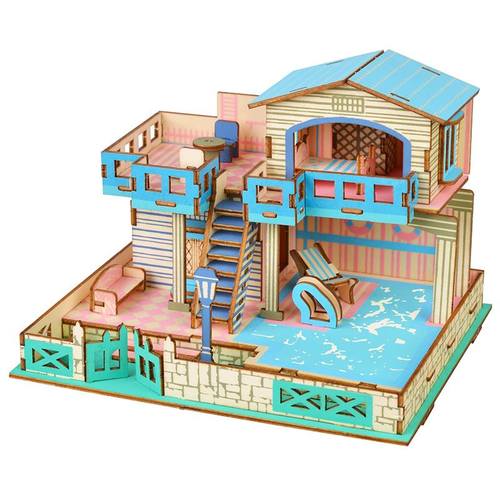 蓝梦岛海滨别墅激光切割木制3D立体仿真拼图房子模型儿童益智玩具