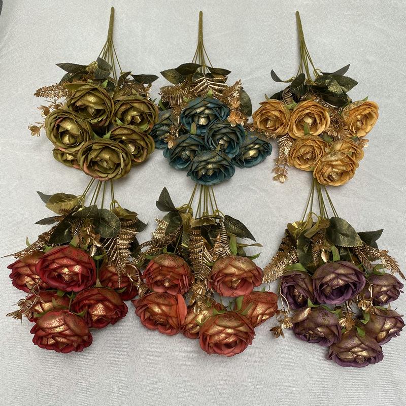 梅丽金布9头茶梅 室内客厅餐桌仿真插花花束 摄影拍摄道具假花定