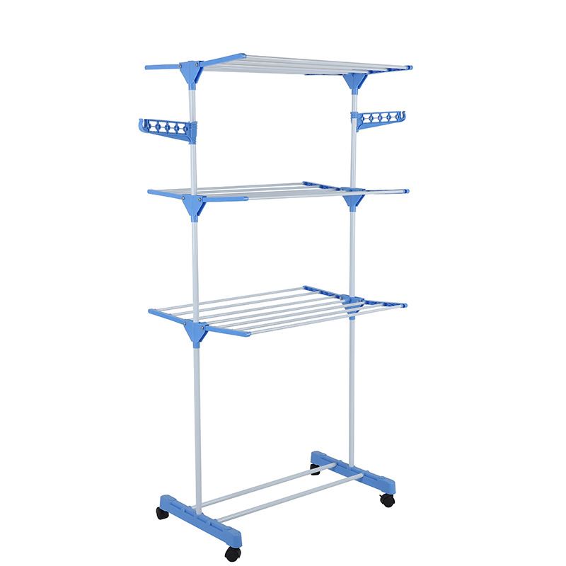 家用可折叠晾衣架室内铁喷塑落地三层晒衣架阳台多功能毛巾置物架