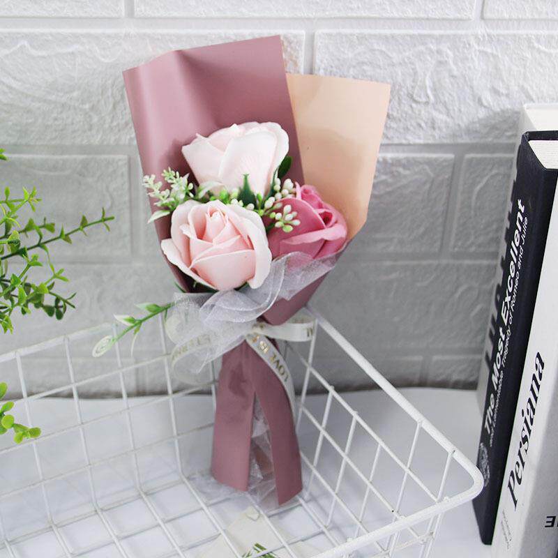外贸七夕情人节三朵手捧花花玫瑰花香皂花花束教师节礼物