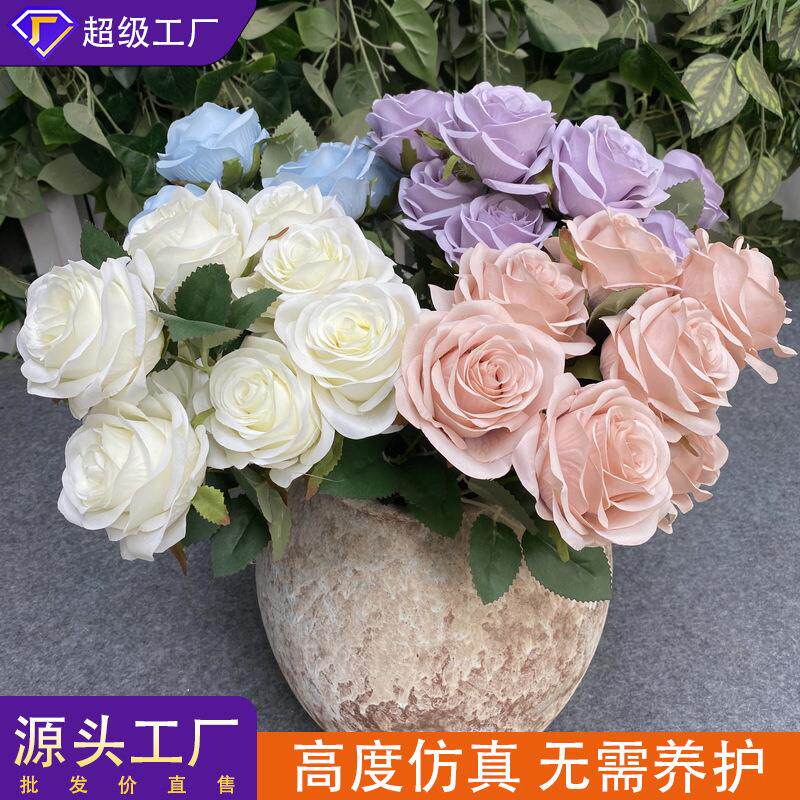 9头中玫瑰婚礼花园布置摆件 室内客厅装饰仿真花拍照摄影道具假花