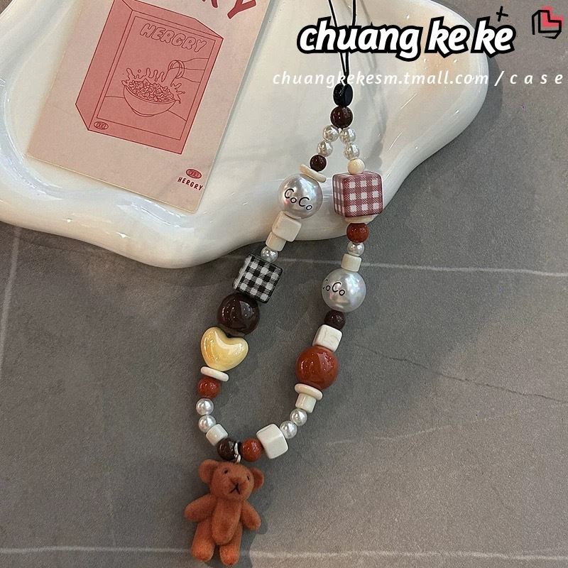 植绒小熊公仔咖啡色系手机链条串珠ccd挂绳卡通挂饰相机防丢绳
