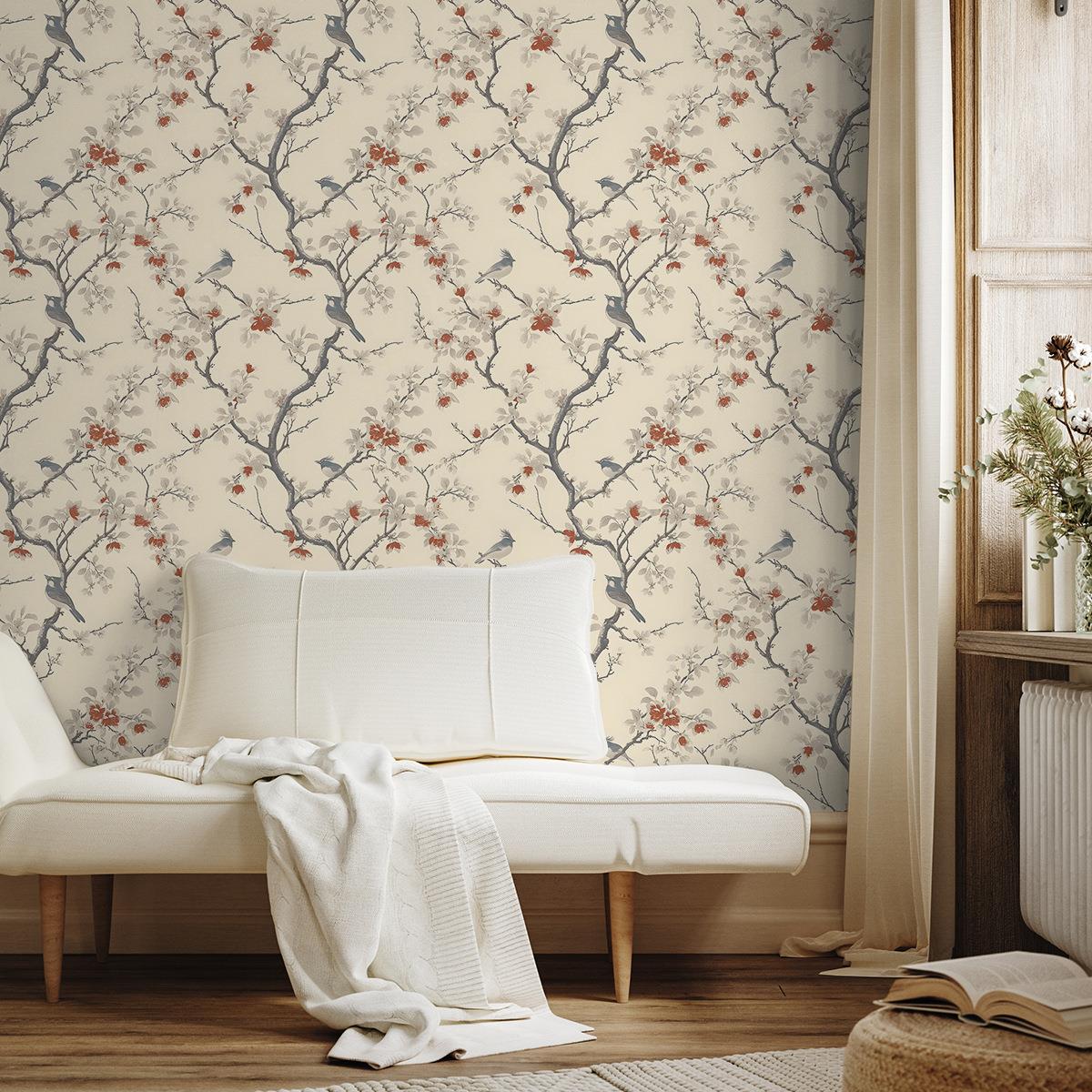 跨境植物花卉树枝图案墙纸自贴简约花朵墙贴客厅卧室防潮壁纸定制