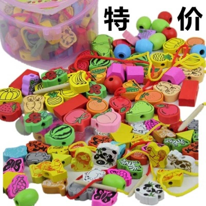 儿童盒装益智玩具 木制数字积木 动物串珠穿线 串串乐 心型串串