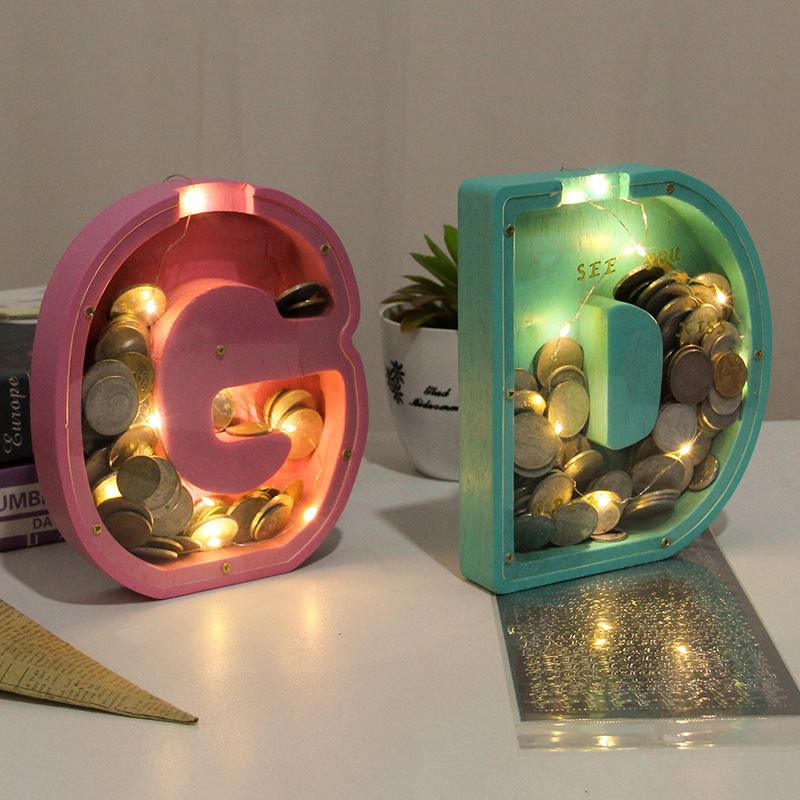 网红木质英文26个字母存钱罐储钱箱亚克力透明生日礼物桌面摆件