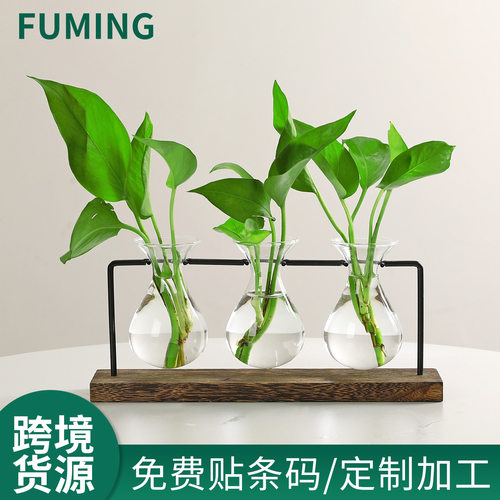 创意玻璃小花瓶客厅桌面插花摆件办公室木质透明简约水培装饰