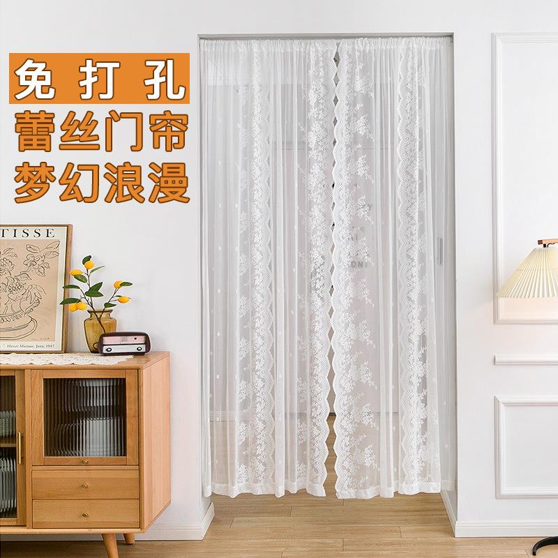 法式蕾丝免打孔纱帘伸缩杆门帘小窗户遮挡短帘餐厅卧室家用纱帘定