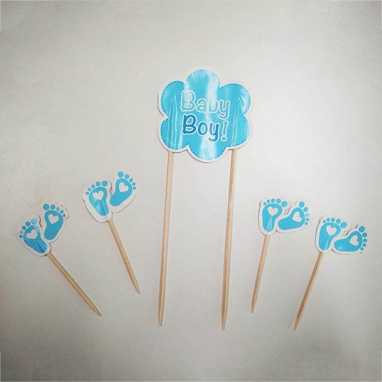 蓝色baby boy字母小脚丫插签宝宝周岁满月生日派对装饰水果蛋糕签