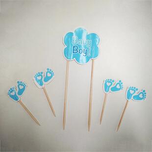 蓝色baby boy字母小脚丫插签宝宝周岁满月生日派对装饰水果蛋糕签