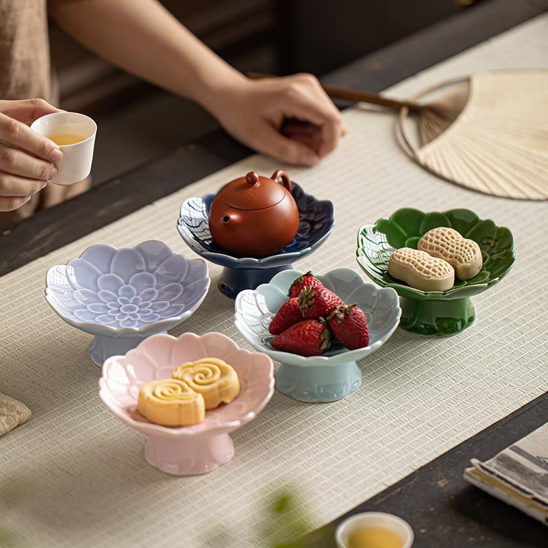 中式陶瓷高脚水果盘禅意精致点心盘糕点甜品订婚摆盘下午茶点碟子