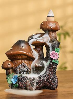 跨境树脂倒流烟香薰炉家居摆件 创意树脂蘑菇屋倒流香炉工艺品定