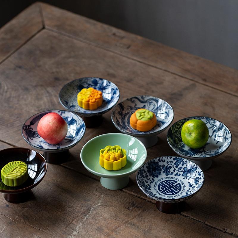 中式复古青花高脚茶点盘陶瓷高足供佛供奉水果盘茶室家用糕点心盘