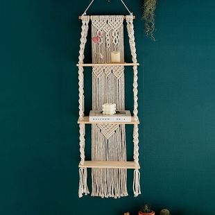 波西米亚手工编织挂毯置物架儿童房卧室墙上装饰棉绳壁毯绿植搁板