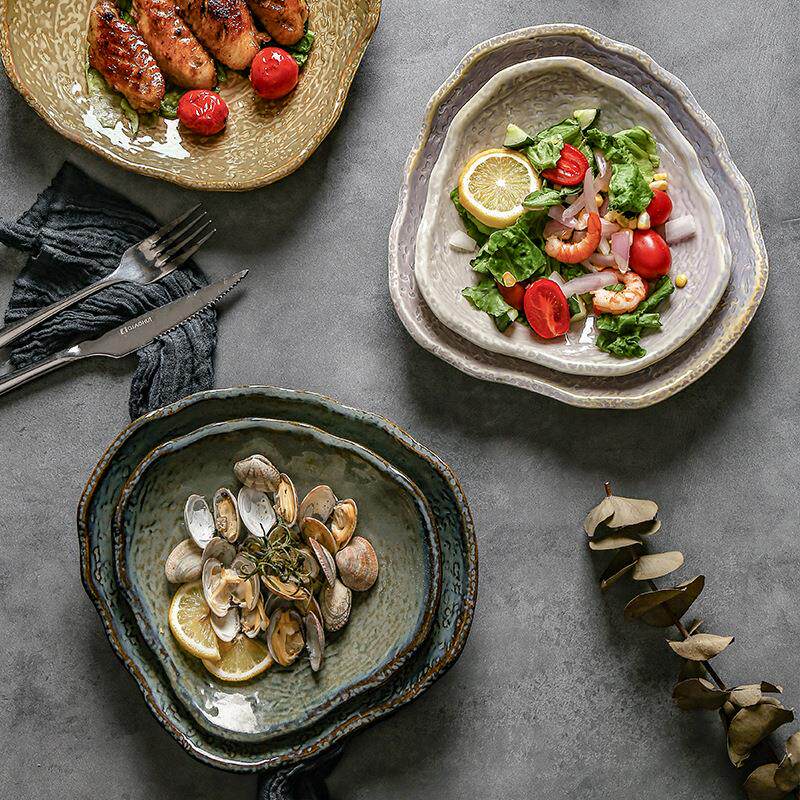 复古牛排西餐汤盘菜盘奇形个性随意三角特色餐厅酒店陶瓷窑变餐具
