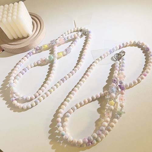 新款diy彩色仿贝珠斜跨长链手提链通用手机壳ccd相机防丢手机挂绳