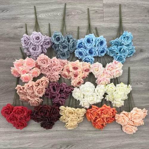 仿真7头卷边把束玫瑰 外贸婚礼路引花排装饰假花婚庆插花布置摆件