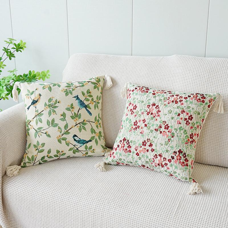 美式田园植物花鸟提花抱枕套客厅沙发靠垫飘窗抱枕方形床头靠垫定