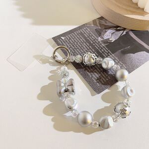 高级感银色蝴蝶串珠链条短款挂件通用手机壳耳机套手机挂绳手腕式