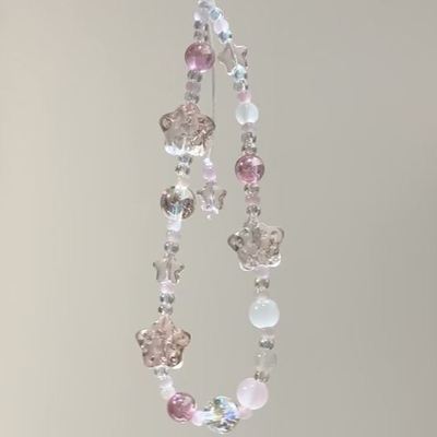 原创冰透粉星星串珠手机链ccd挂绳相机挂饰小清新防丢绳钥匙扣