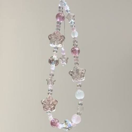 原创冰透粉星星串珠手机链ccd挂绳相机挂饰小清新防丢绳钥匙扣