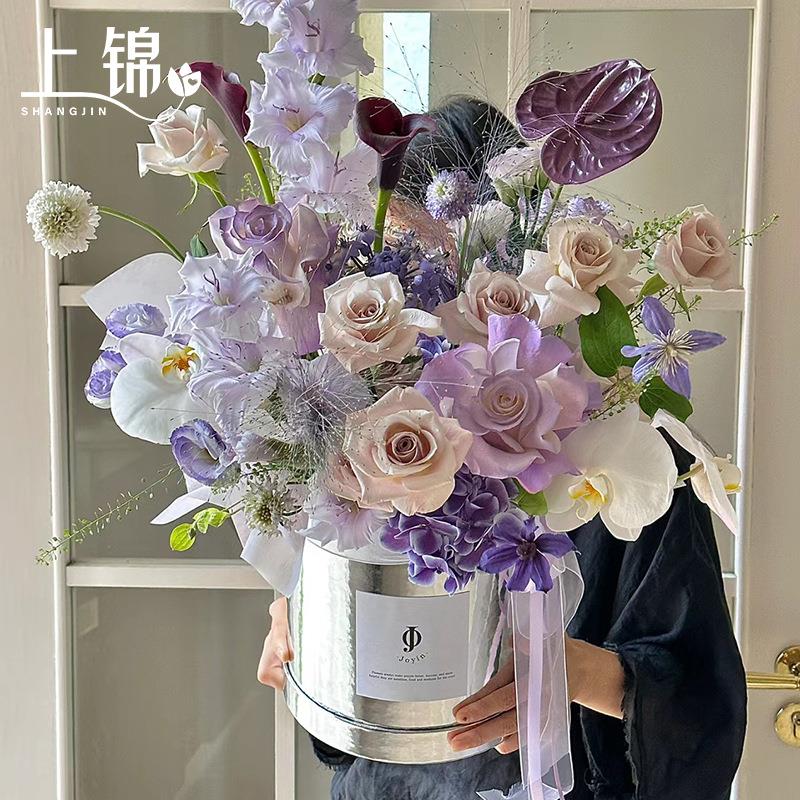 花卉抱抱桶 鲜花插花桶花盒花束包装桶银色手捧抱抱桶diy花店资材定制