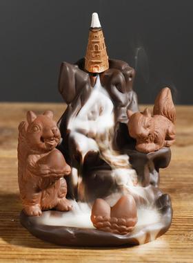 跨境紫砂新品沉香倒流香薰炉 创意动物松鼠高山流水倒流香炉摆件